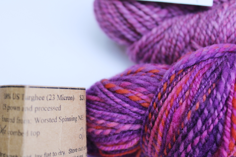 photo of hand spun artist dyed wool yarn lot, six hanks plum pink & purple shades #2