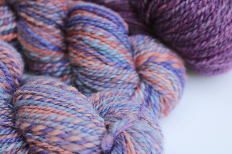 photo of hand spun artist dyed wool yarn lot, six hanks plum pink & purple shades #4