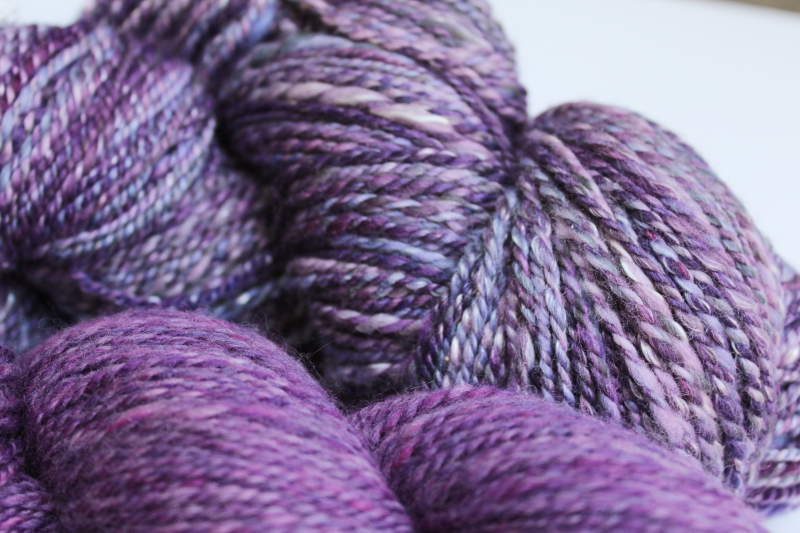 photo of hand spun artist dyed wool yarn lot, six hanks plum pink & purple shades #5