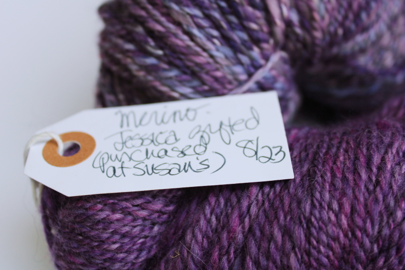photo of hand spun artist dyed wool yarn lot, six hanks plum pink & purple shades #7