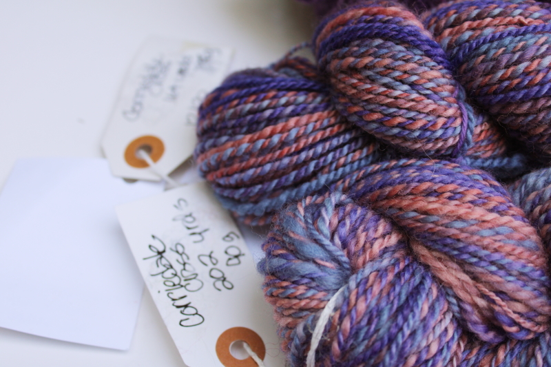 photo of hand spun artist dyed wool yarn lot, six hanks plum pink & purple shades #9