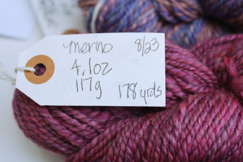 photo of hand spun artist dyed wool yarn lot, six hanks plum pink & purple shades #10