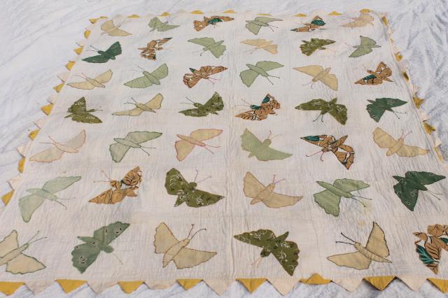 photo of hand stitched vintage applique quilt top w/ butterflies or moths, sawtooth point border #1