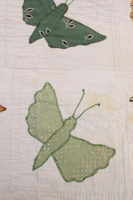 photo of hand stitched vintage applique quilt top w/ butterflies or moths, sawtooth point border #2