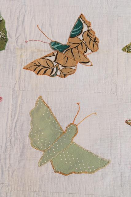 photo of hand stitched vintage applique quilt top w/ butterflies or moths, sawtooth point border #3