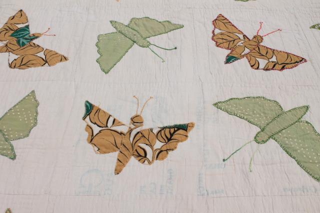 photo of hand stitched vintage applique quilt top w/ butterflies or moths, sawtooth point border #9