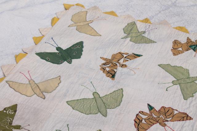 photo of hand stitched vintage applique quilt top w/ butterflies or moths, sawtooth point border #10