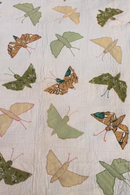 photo of hand stitched vintage applique quilt top w/ butterflies or moths, sawtooth point border #11