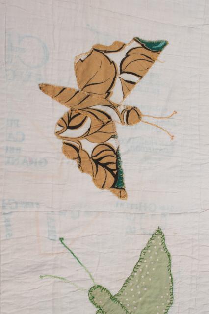 photo of hand stitched vintage applique quilt top w/ butterflies or moths, sawtooth point border #12