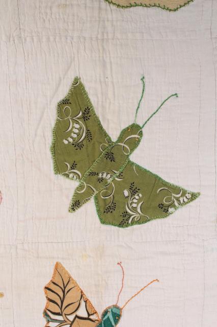 photo of hand stitched vintage applique quilt top w/ butterflies or moths, sawtooth point border #14