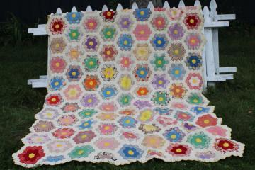 catalog photo of hand stitched vintage cotton prints patchwork quilt, grandmothers flower garden hexies