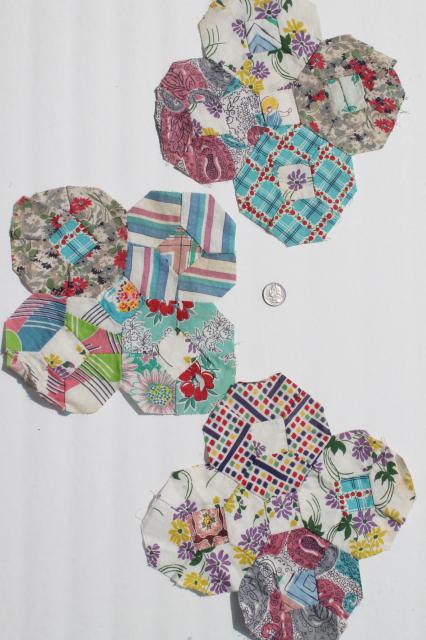 photo of hand stitched vintage patchwork quilt blocks, flower garden motifs in pretty print fabric #2