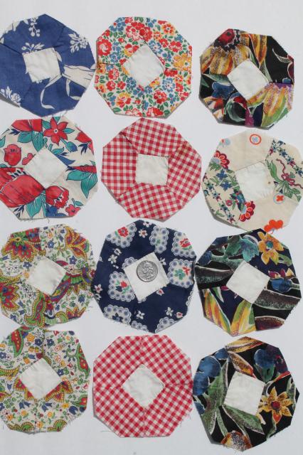 photo of hand stitched vintage patchwork quilt blocks, flower garden motifs in pretty print fabric #6