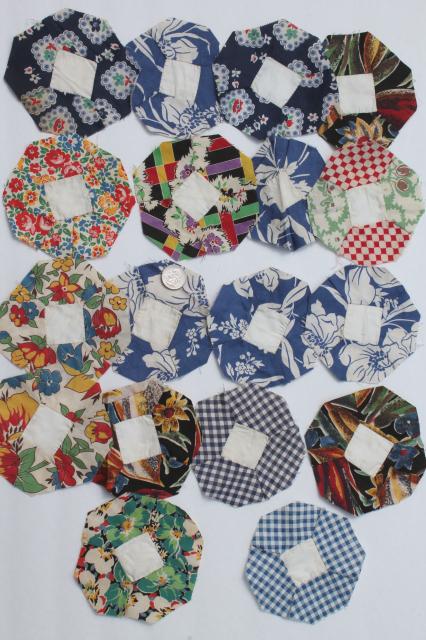 photo of hand stitched vintage patchwork quilt blocks, flower garden motifs in pretty print fabric #7