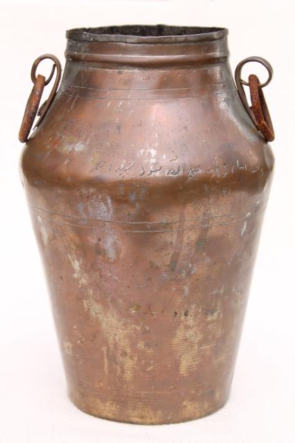 photo of hand wrought Middle East copper urn water jug w/ iron handles, old silver wash #1