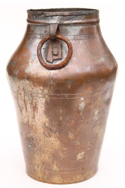 photo of hand wrought Middle East copper urn water jug w/ iron handles, old silver wash #3