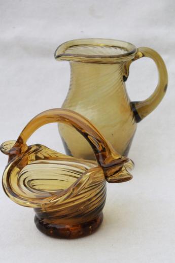 photo of hand-blown amber glass mini pitcher & basket, vintage Mexican art glass #1