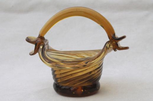 photo of hand-blown amber glass mini pitcher & basket, vintage Mexican art glass #4