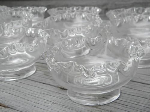 photo of hand-blown glass ice cream dishes, vintage set of 12 ruffled bowls #3