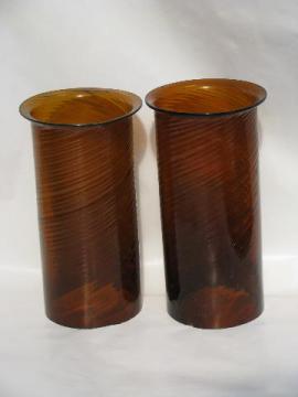 catalog photo of hand-blown swirled amber glass hurricane candle shades, vintage Mexican glassware