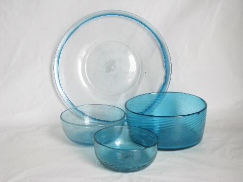 photo of hand-blown swirled aqua blue glass dishes, bowls & plate, vintage Mexican glassware #1