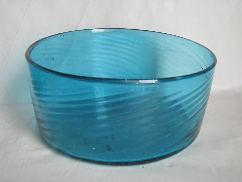 photo of hand-blown swirled aqua blue glass dishes, bowls & plate, vintage Mexican glassware #3
