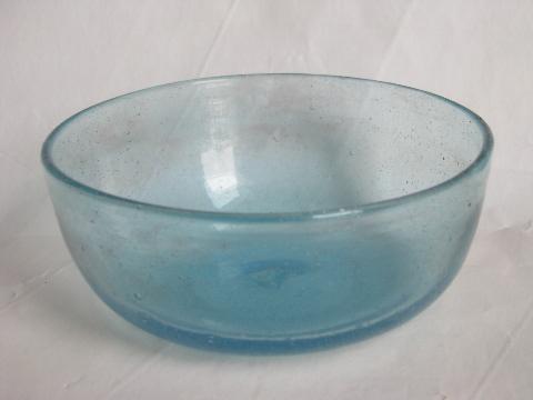 photo of hand-blown swirled aqua blue glass dishes, bowls & plate, vintage Mexican glassware #4