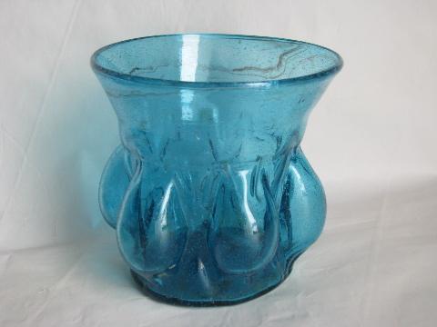 photo of hand-blown swirled aqua blue glass vase or flower pot w/ underplate, vintage Mexican glassware #2