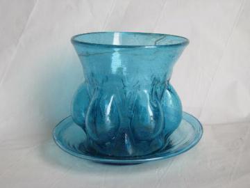 catalog photo of hand-blown swirled aqua blue glass vase or flower pot w/ underplate, vintage Mexican glassware