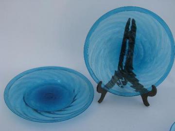 catalog photo of hand-blown swirled aqua blue glassware, vintage Mexican glass, lot of 2 plates