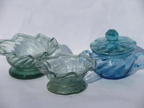 photo of hand-blown swirled blue & green glass condiment dishes, vintage Mexican glassware lot #1