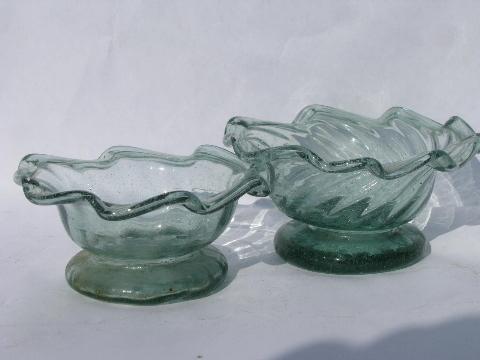 photo of hand-blown swirled blue & green glass condiment dishes, vintage Mexican glassware lot #3