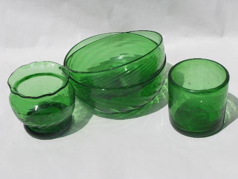 photo of hand-blown swirled bottle green glassware vintage Mexican glass lot #1