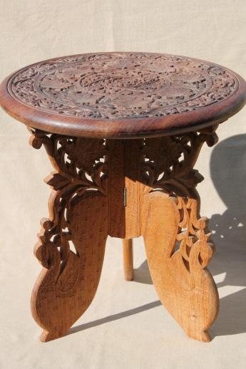 photo of hand-carved Indian sheesham wood table w/ folding stand, retro boho hippie vintage #1