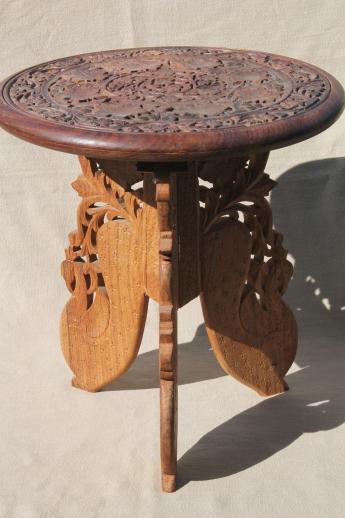 photo of hand-carved Indian sheesham wood table w/ folding stand, retro boho hippie vintage #5