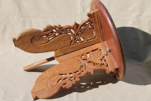 photo of hand-carved Indian sheesham wood table w/ folding stand, retro boho hippie vintage #9