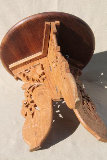 photo of hand-carved Indian sheesham wood table w/ folding stand, retro boho hippie vintage #10