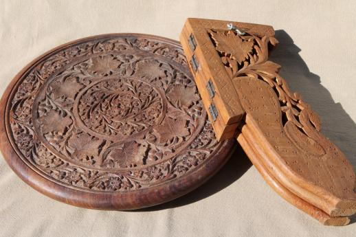 photo of hand-carved Indian sheesham wood table w/ folding stand, retro boho hippie vintage #12