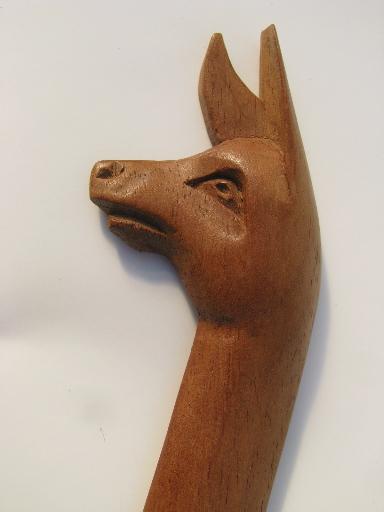 photo of hand-carved South American wood wall hanging plaque, Peruvian llama #2