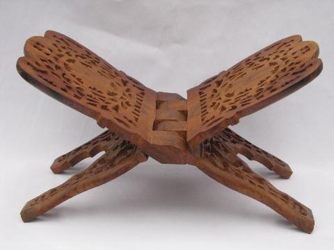 photo of hand-carved vintage shesham wood folding stand, Sarna - India dated 65 #1