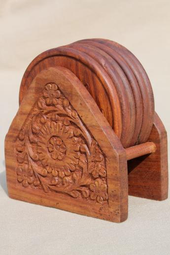 photo of hand-carved wooden coasters set from India, vintage Indian sheesham wood #1