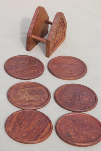 photo of hand-carved wooden coasters set from India, vintage Indian sheesham wood #3