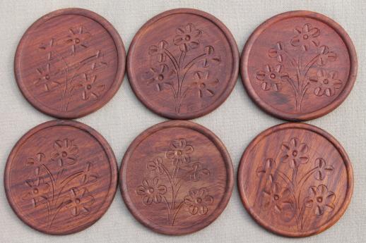 photo of hand-carved wooden coasters set from India, vintage Indian sheesham wood #4