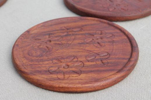 photo of hand-carved wooden coasters set from India, vintage Indian sheesham wood #5