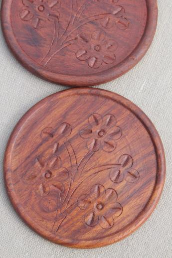 photo of hand-carved wooden coasters set from India, vintage Indian sheesham wood #6