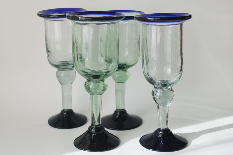 photo of handcrafted Mexican blown glass goblets, wonky chunky big wine glasses, rustic boho retro  #3