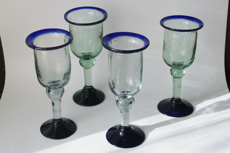 photo of handcrafted Mexican blown glass goblets, wonky chunky big wine glasses, rustic boho retro  #7