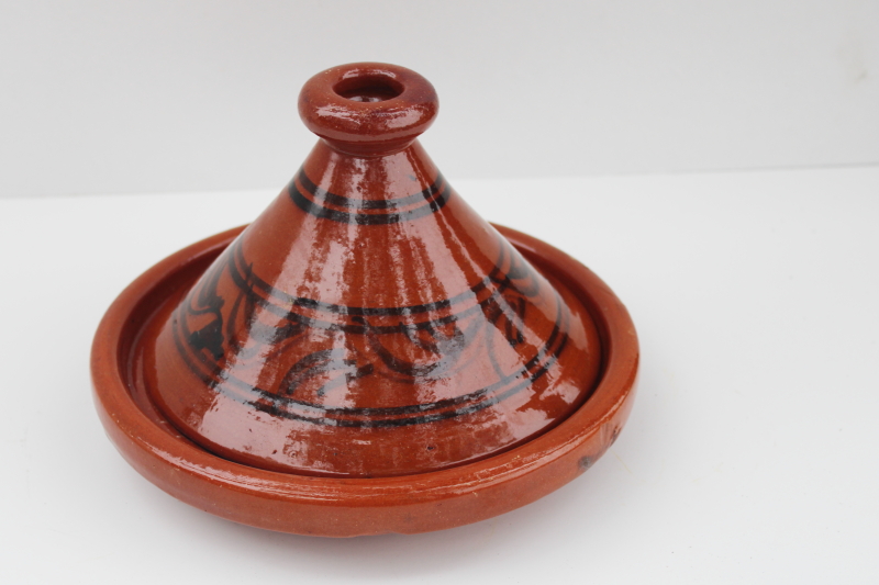 photo of handcrafted Moroccan tagine red clay pottery pot, shallow pan with conical lid #1