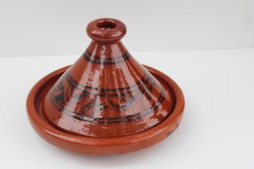 handcrafted Moroccan tagine red clay pottery pot, shallow pan with conical lid