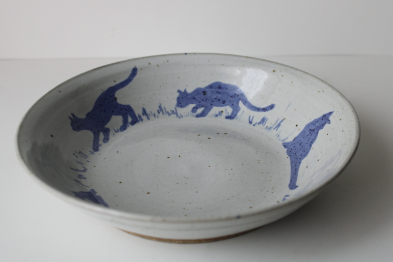 photo of handcrafted artisan pottery bowl, blue cat silhouettes hand thrown clay artist signed  #2